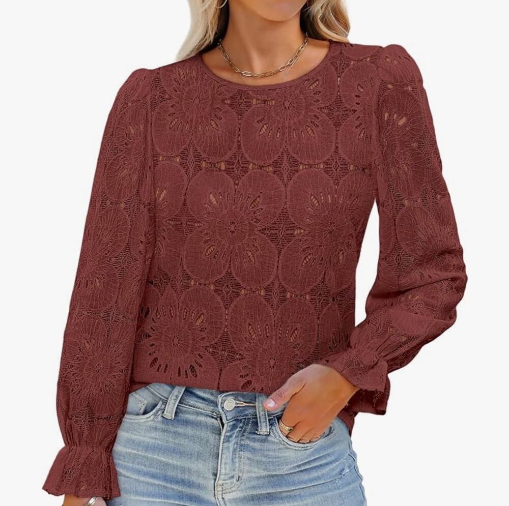NWT Luxveer Camel LS Eyelet Shirt Lace Embroidered Blouse Dressy Sz XL